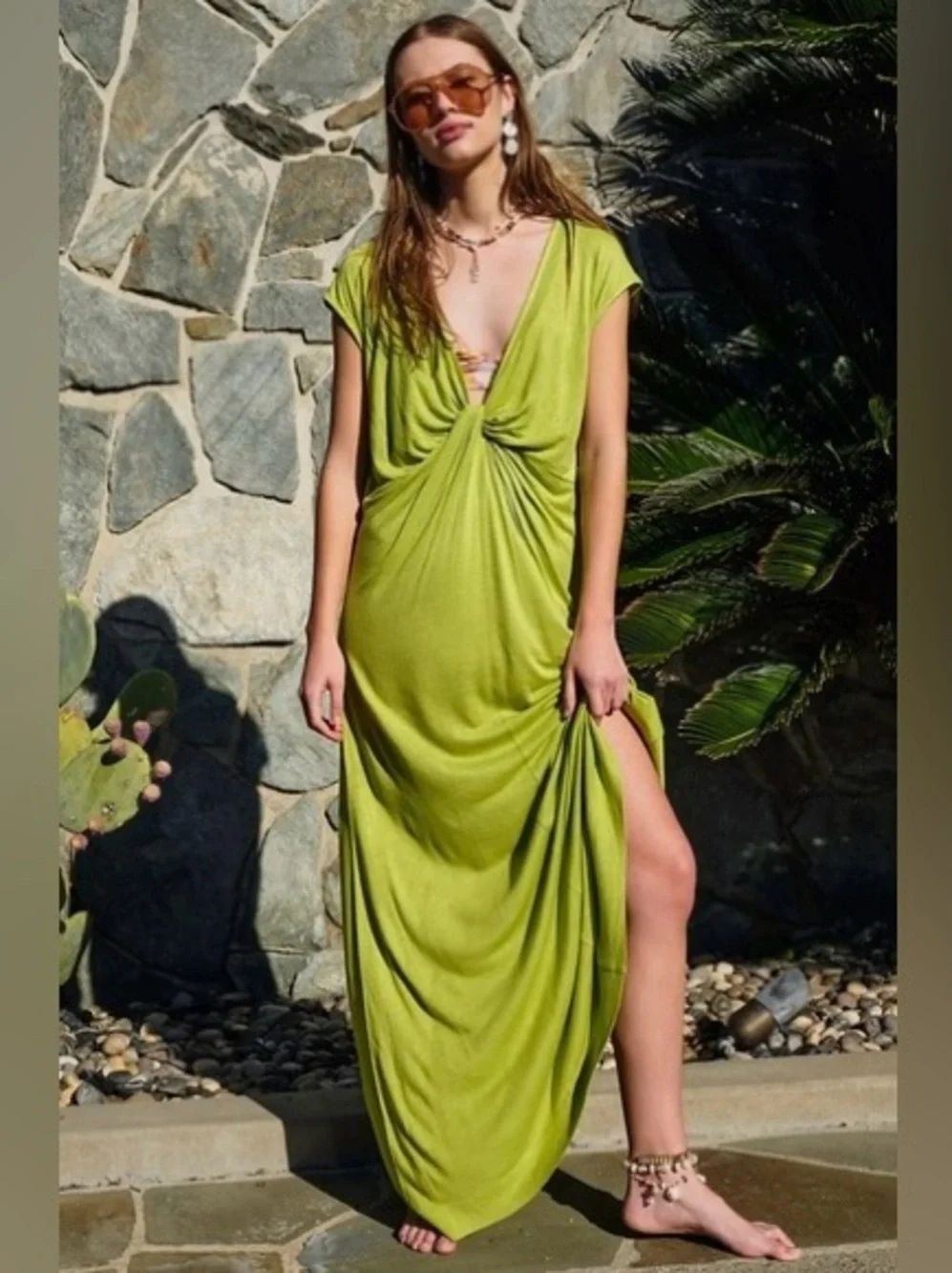 Free People Beach Lime Green Linen Blend Marina Maxi Dress Sz L Coastal Bohemian